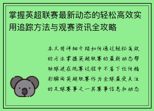 掌握英超联赛最新动态的轻松高效实用追踪方法与观赛资讯全攻略